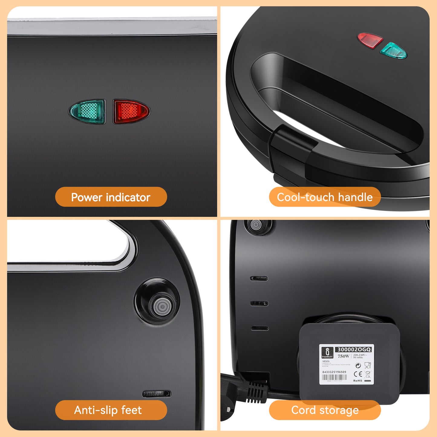 Appareil à Sandwich 3 en 1 – Grill, Gaufrier et Plaque Antiadhésive, 750W, Chauffage Rapide, Plaques Amovibles, Compact