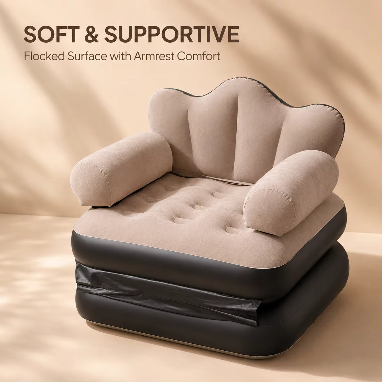 Canapé-Lit Gonflable 2 en 1 avec Accoudoirs – Fauteuil Convertible en Lit d'Appoint – Beige