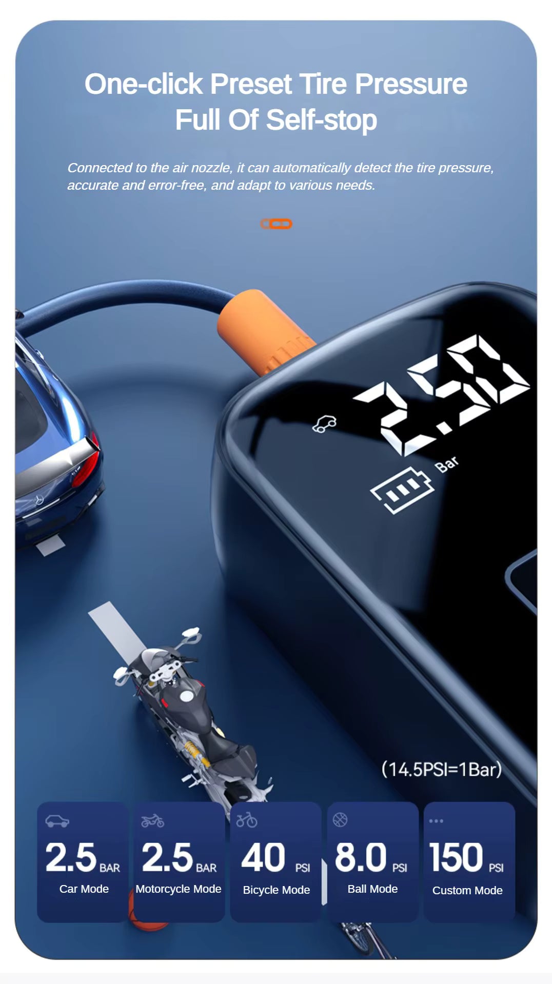 Pompe à Air Électrique Portable Sans Fil 12V – Gonfleur de Pneus 150 PSI pour Voiture, Moto et Vélo – Affichage Numérique