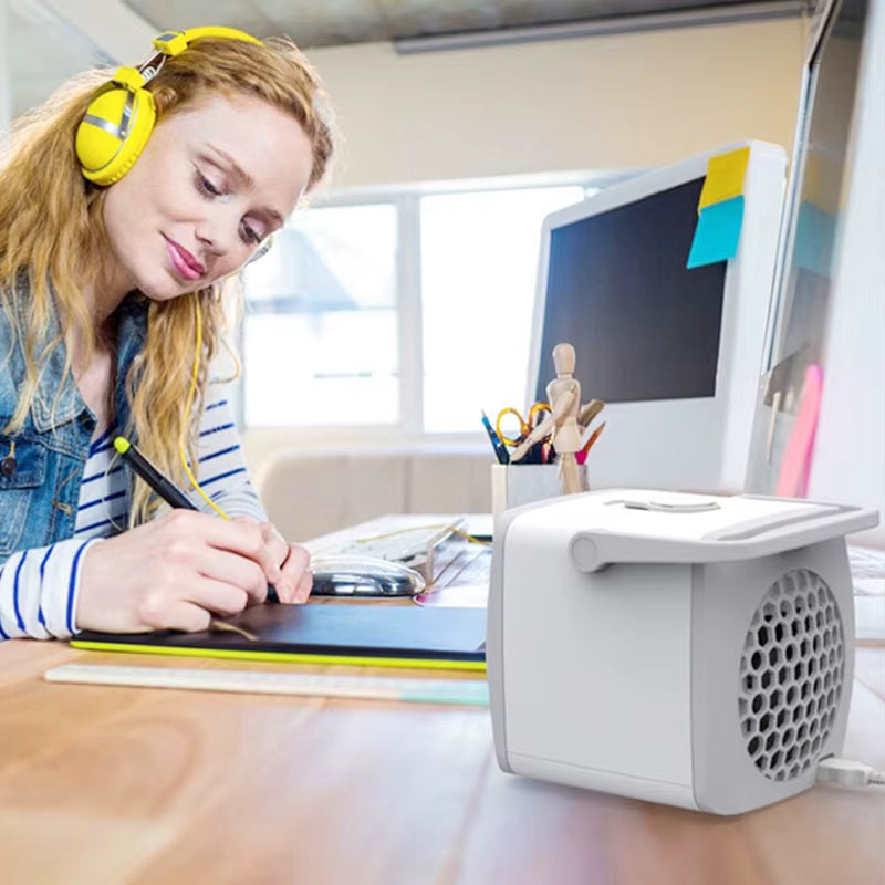 Mini Rafraîchisseur d’Air USB Portable – Ventilateur Refroidisseur Personnel Silencieux – Mini Climatiseur de Bureau Rechargeable – Refroidissement Été Maison Chambre Bureau – Blanc