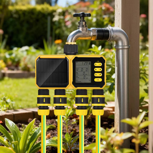 Système d’Irrigation Solaire Intelligent WiFi 4 Sorties avec Écran LCD – Programmateur d’Arrosage Automatique Jardin Extérieur Minuterie Connectée Étanche