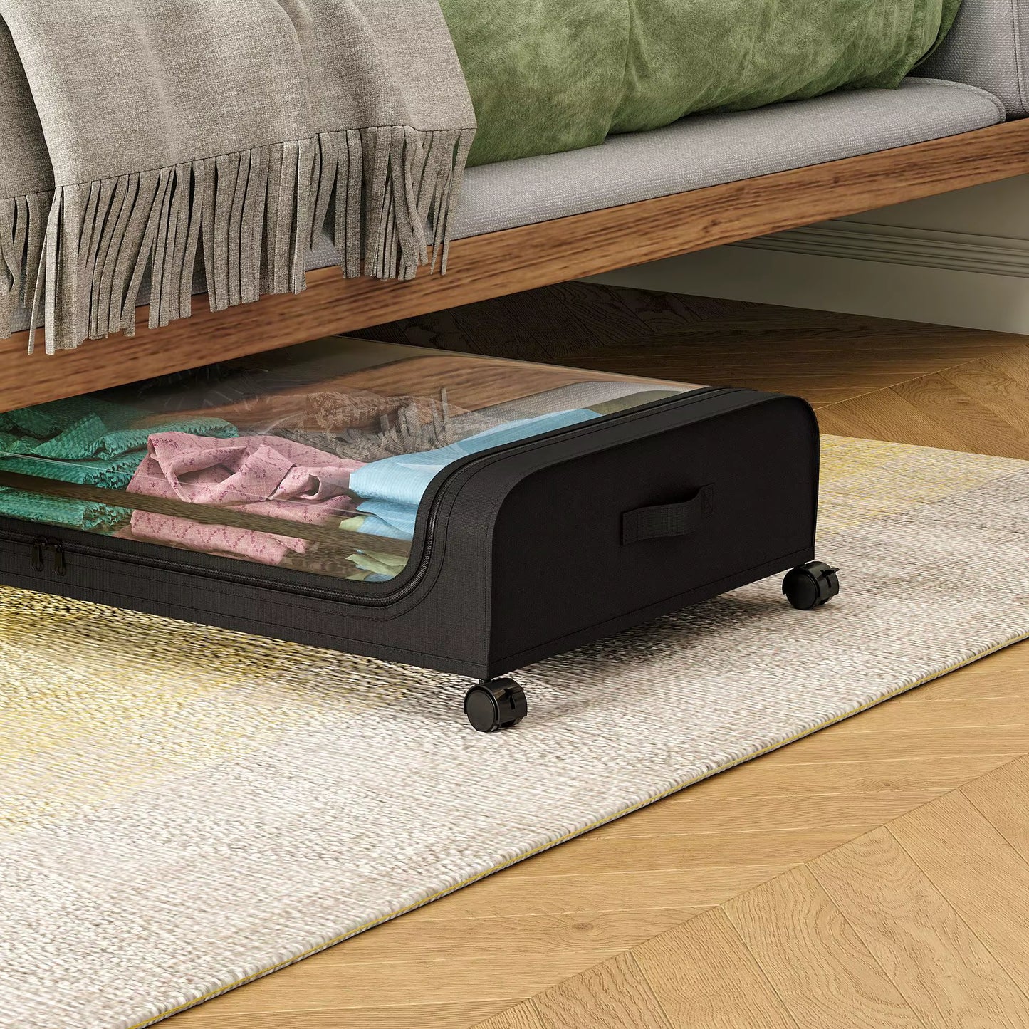 Boîte de Rangement Sous Lit à Roulettes – Couvercle Transparent Grande Capacité | Noir