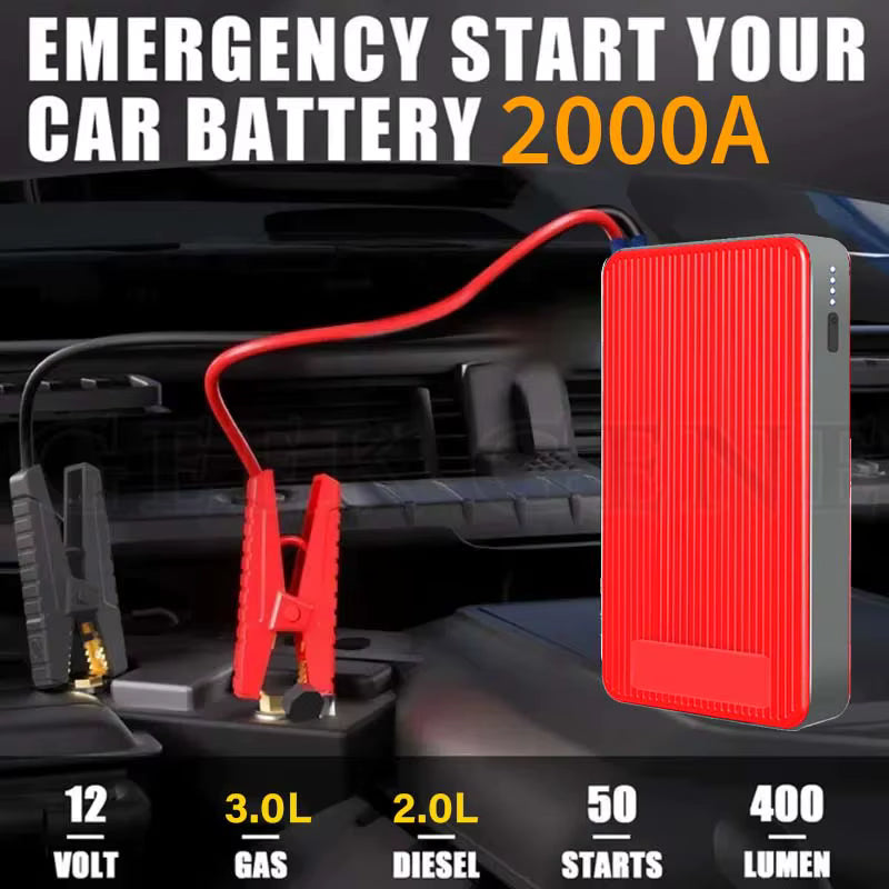 Démarreur de Voiture 2000A 12V Booster Batterie Portable Chargeur USB Batterie Externe d’Urgence avec LED