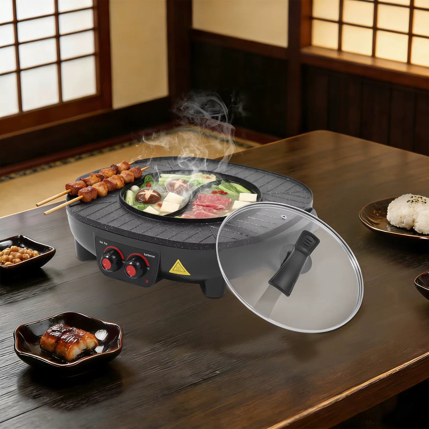 Hotpot et Grill Électrique 2 en 1 Sans Fumée Plaque Antiadhésive Cuisine Coréenne Multifonction Noir