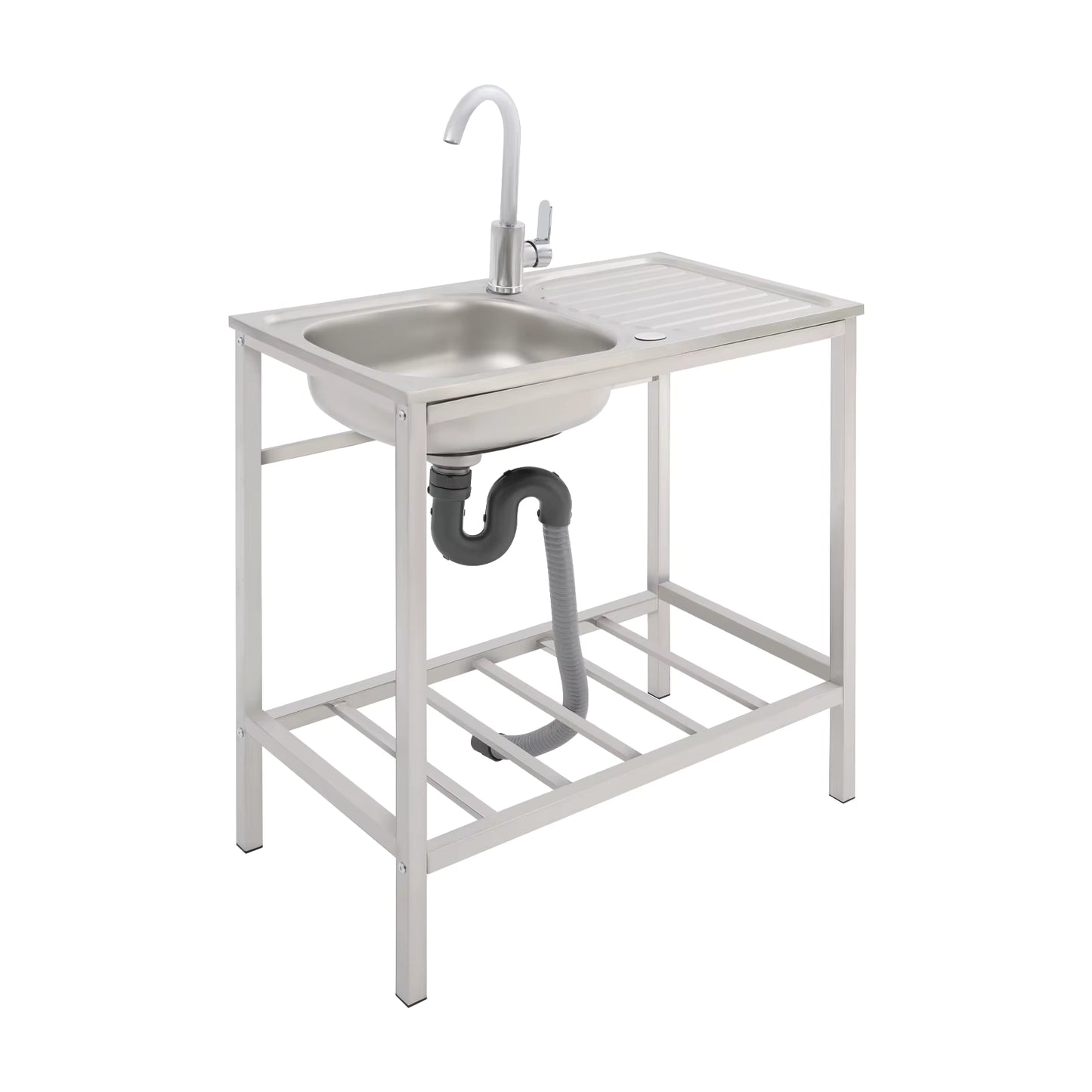 Évier de Cuisine Extérieur avec Support – Bac Inox 75x40x75 cm, Robinet 360°, Table de Travail avec Étagère, Évier Autonome pour Jardin, Camping ou Professionne