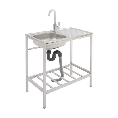 Évier de Cuisine Extérieur avec Support – Bac Inox 75x40x75 cm, Robinet 360°, Table de Travail avec Étagère, Évier Autonome pour Jardin, Camping ou Professionne