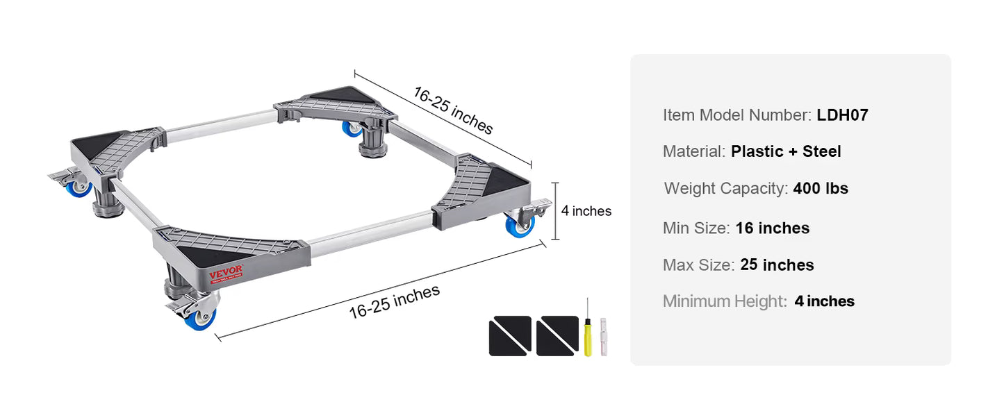 Support Mobile Réglable 400 lb – Base à Roulettes avec Freins – Chariot pour Réfrigérateur & Machine à Laver