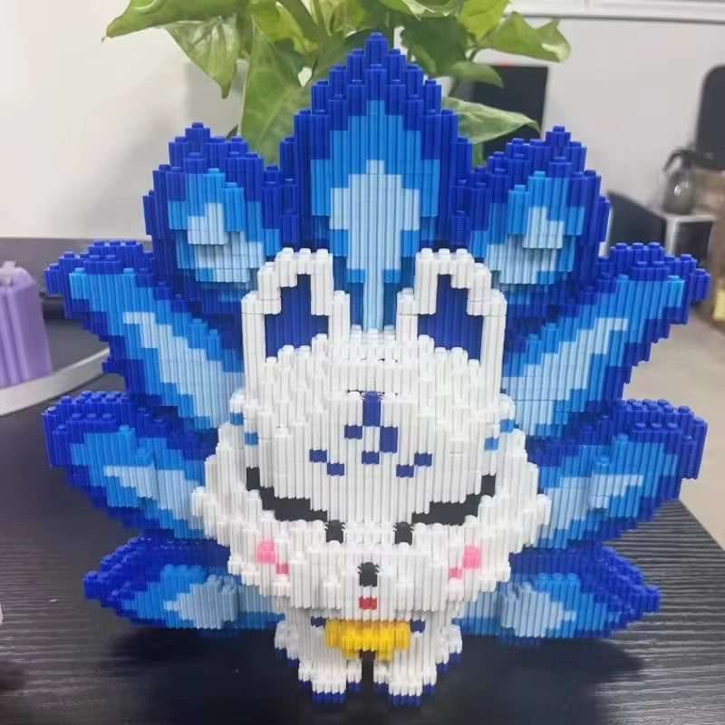Figurine Renard à Neuf Queues Bleu en Blocs de Construction – Modèle Créature Fantastique à Assembler – Jeu Créatif Enfant Adulte – Décoration Originale