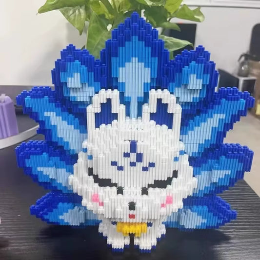 Figurine Renard à Neuf Queues Bleu en Blocs de Construction – Modèle Créature Fantastique à Assembler – Jeu Créatif Enfant Adulte – Décoration Originale