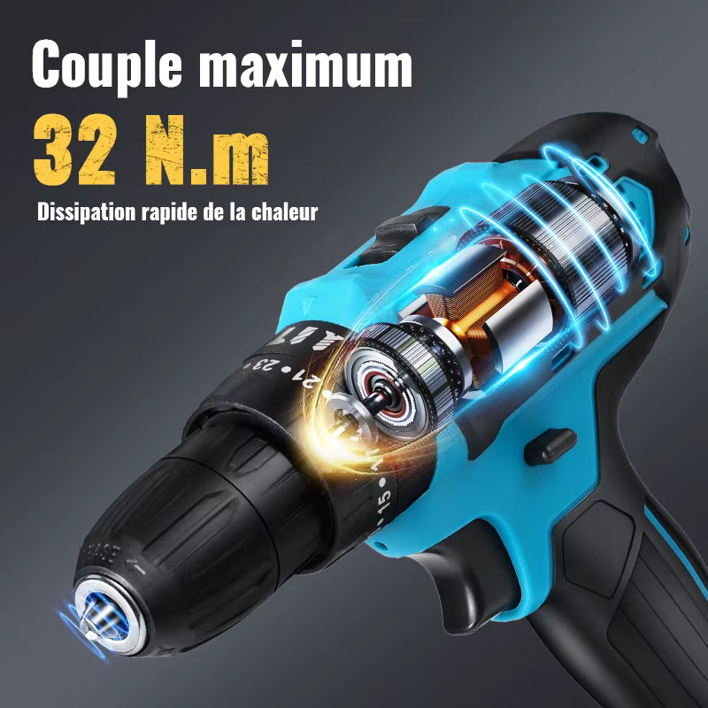 Perceuse à percussion sans fil 21 V – 32 Nm – Tournevis multifonction rechargeable à vitesse variable