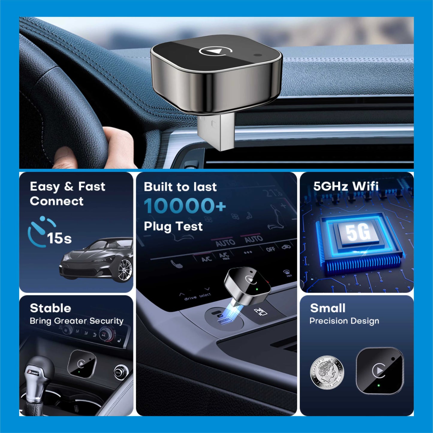 Adaptateur CarPlay Sans Fil pour iPhone – Dongle WiFi 5 GHz Plug & Play Compatible iOS 10+