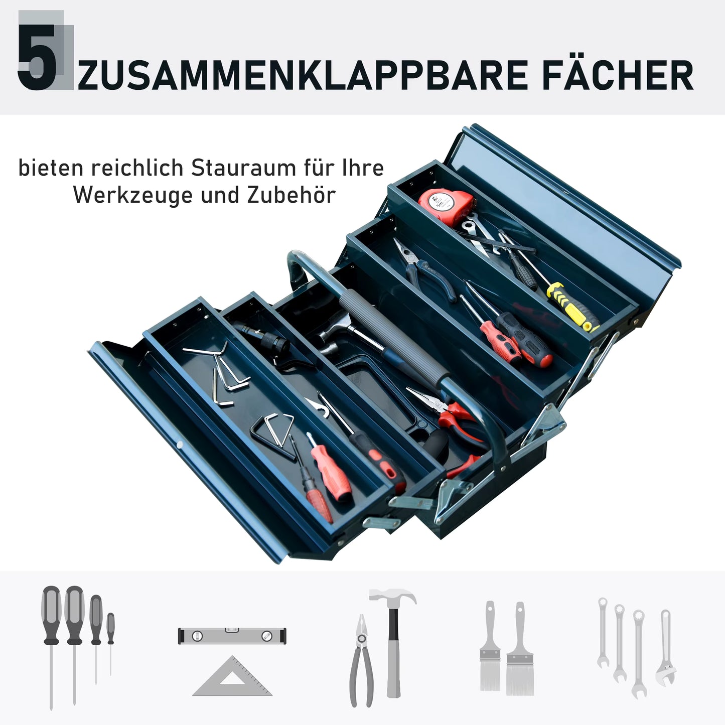 Boîte à outils pliable en acier avec 5 compartiments – Boîte de rangement pour artisanat et réparations – 57 x 21 x 41 cm