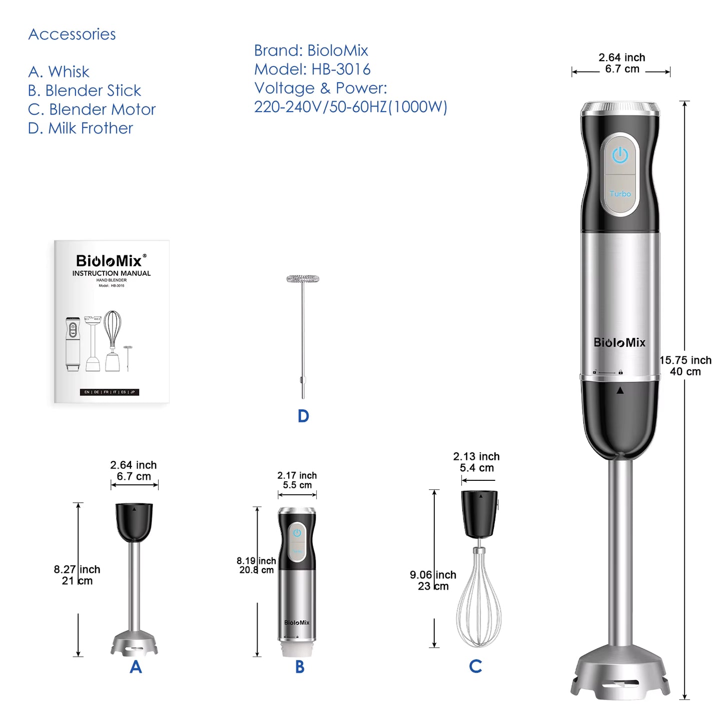 Mixeur plongeant 3 en 1 1000W en acier inoxydable