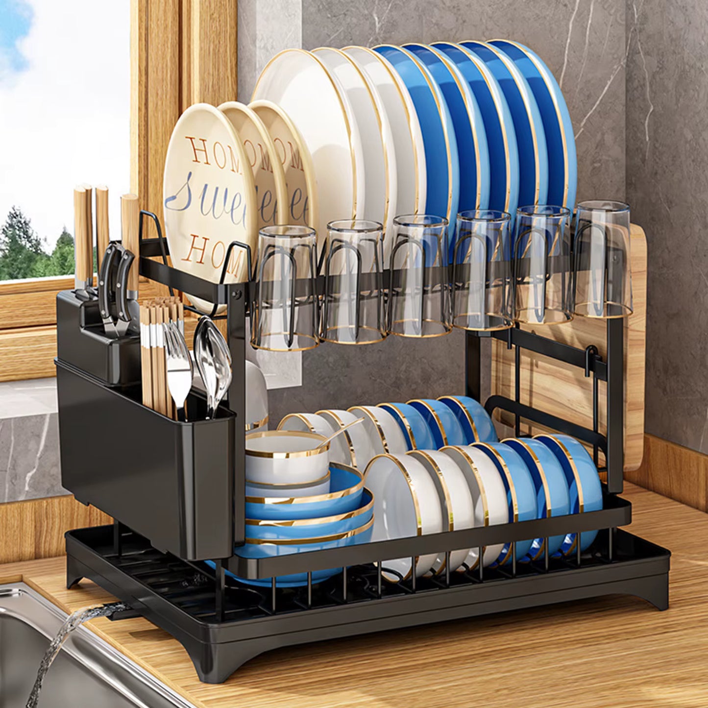 Égouttoir à Vaisselle 2 Niveaux Rotatif 360° – Support de Rangement Cuisine avec Plateau de Drainage – Égouttoir à Bec Pivotant – Couleur Noir