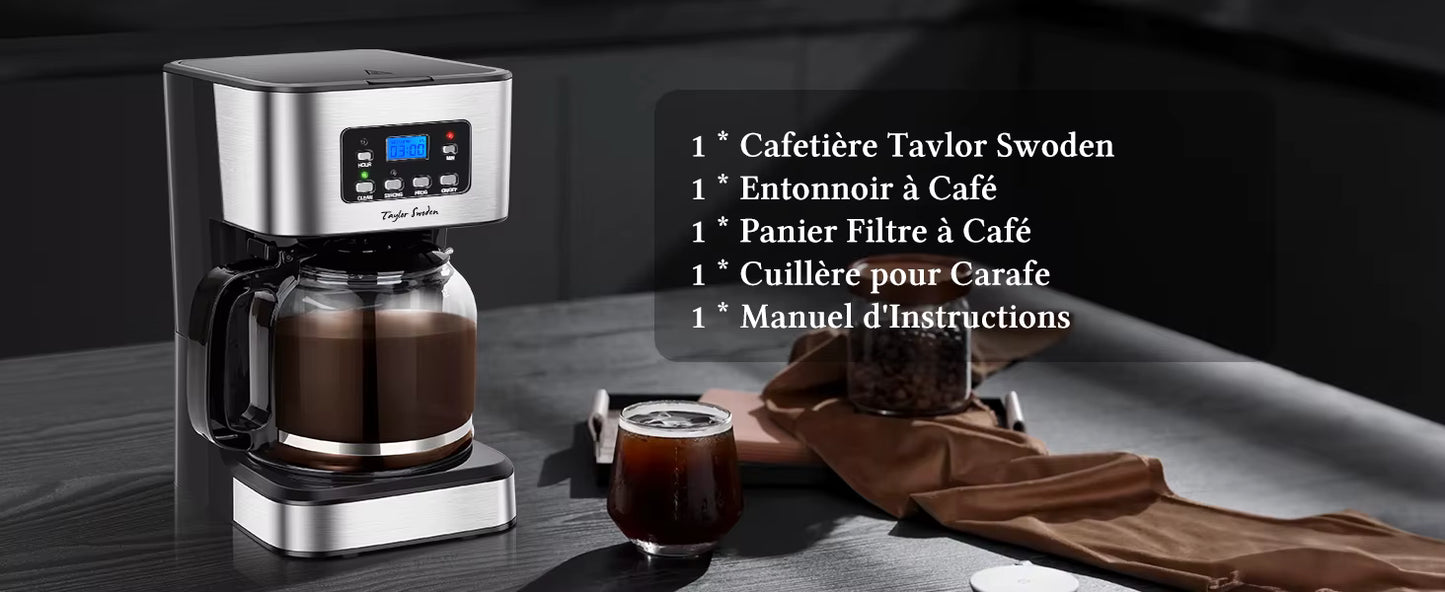 Cafetière Électrique 1,5L 12 Tasses avec Filtre Réutilisable – Machine à Café Programmable 950W, Maintien au Chaud, Idéale Maison & Bureau