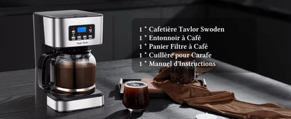 Cafetière Électrique 1,5L 12 Tasses avec Filtre Réutilisable – Machine à Café Programmable 950W, Maintien au Chaud, Idéale Maison & Bureau