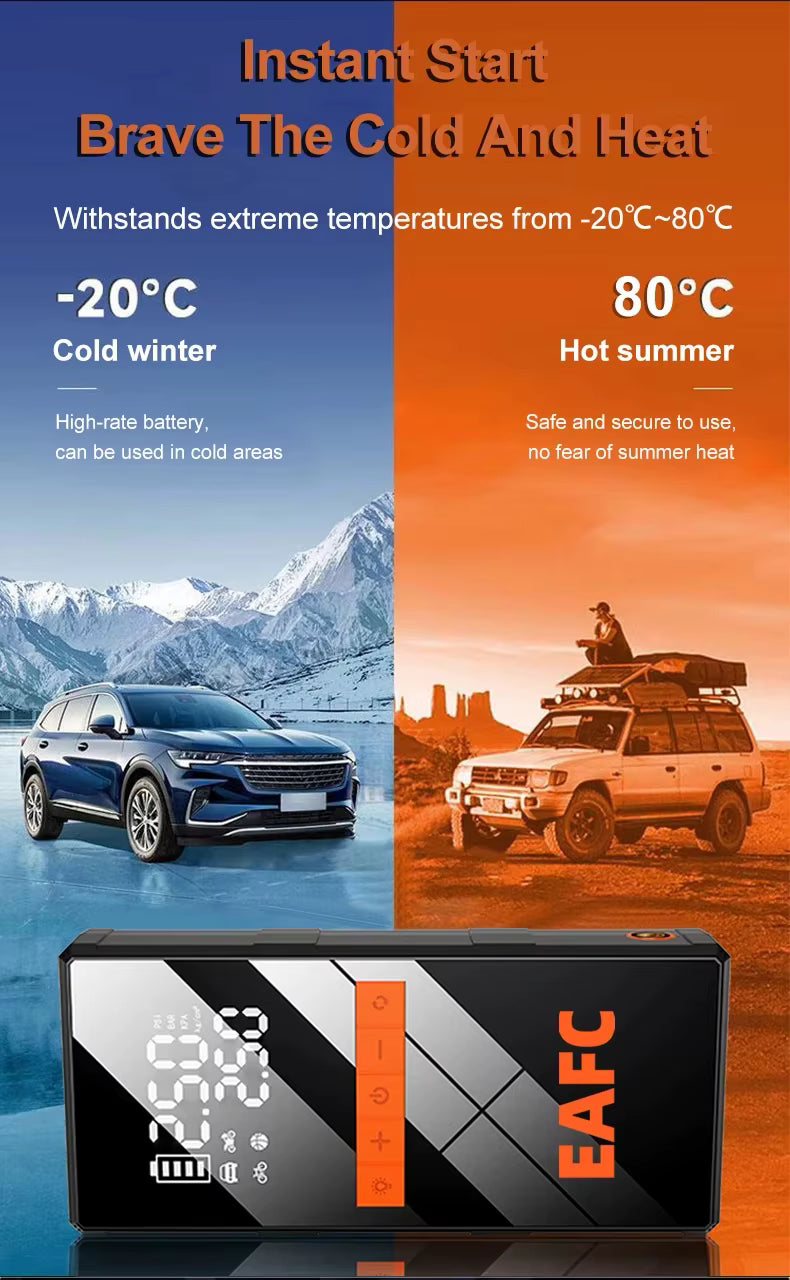 Démarreur de voiture portable 12V 4-en-1 avec compresseur d’air sans fil – Booster batterie auto, gonfleur pneus, charge rapide USB