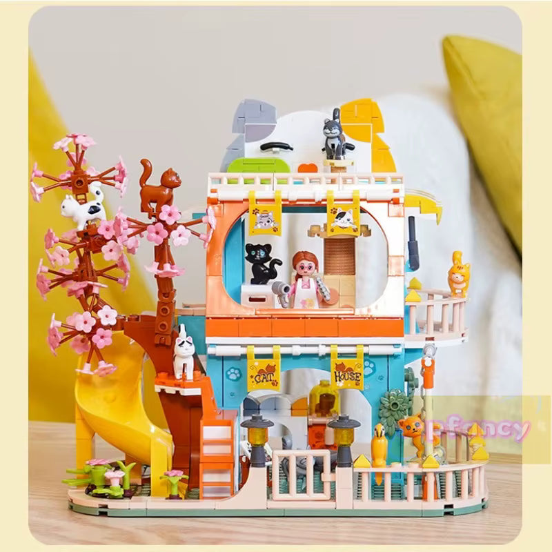 Maison Animaux Blocs de Construction avec Arbre Sakura – Villa Chat Jouet Créatif – Jeu DIY Enfant – Cadeau Fille