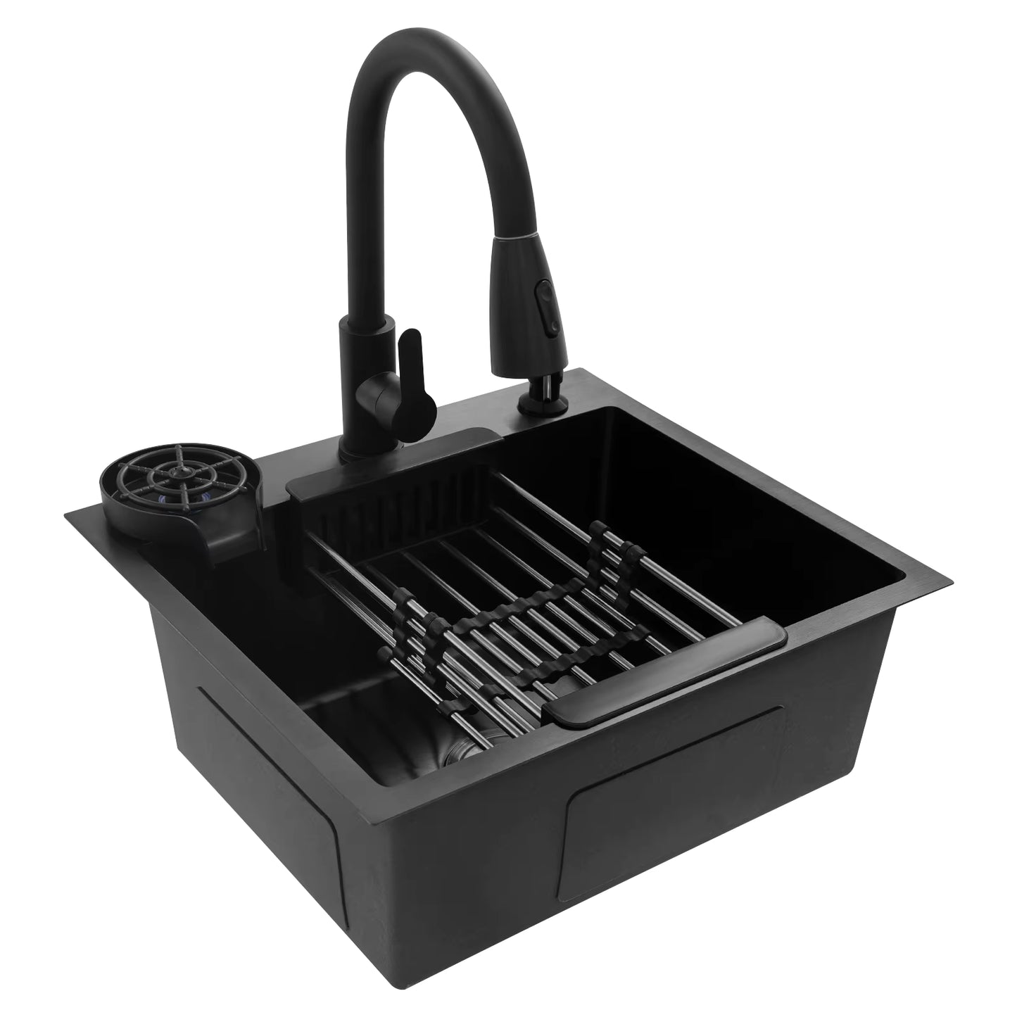 Évier de Cuisine Multifonction Noir 50x45 cm avec Robinet Rétractable – Bac Inox Simple Cuve avec Égouttoir et Distributeur de Savon