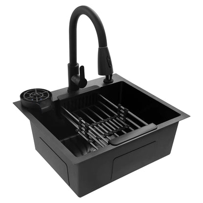 Évier de Cuisine Multifonction Noir 50x45 cm avec Robinet Rétractable – Bac Inox Simple Cuve avec Égouttoir et Distributeur de Savon