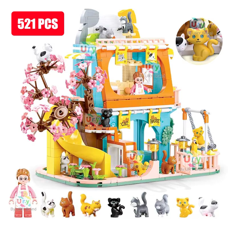 Maison de Chats en Blocs de Construction 521 Pièces – Villa Fantaisie avec Figurines Animaux – Jeu Créatif Enfant DIY – Univers Sakura