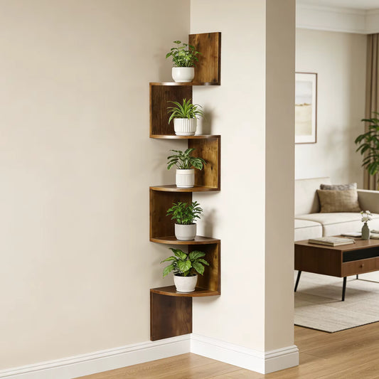 Étagère d'Angle Murale 5 Niveaux en Bois – Bibliothèque d'Angle Flottante pour Salon, Chambre, Bureau et Salle de Bain