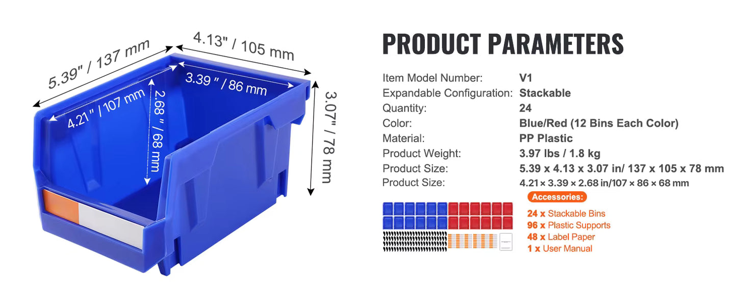 Lot de 24 Bacs de Rangement Empilables 5x4x3 Pouces – Étagère Garage Autoportante – Conteneurs Suspendus