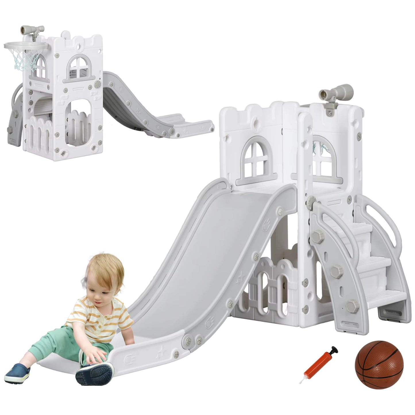 Toboggan Enfant 5 en 1 avec Panier de Basket – Structure d’Escalade Gris 70 x 177 x 92 cm