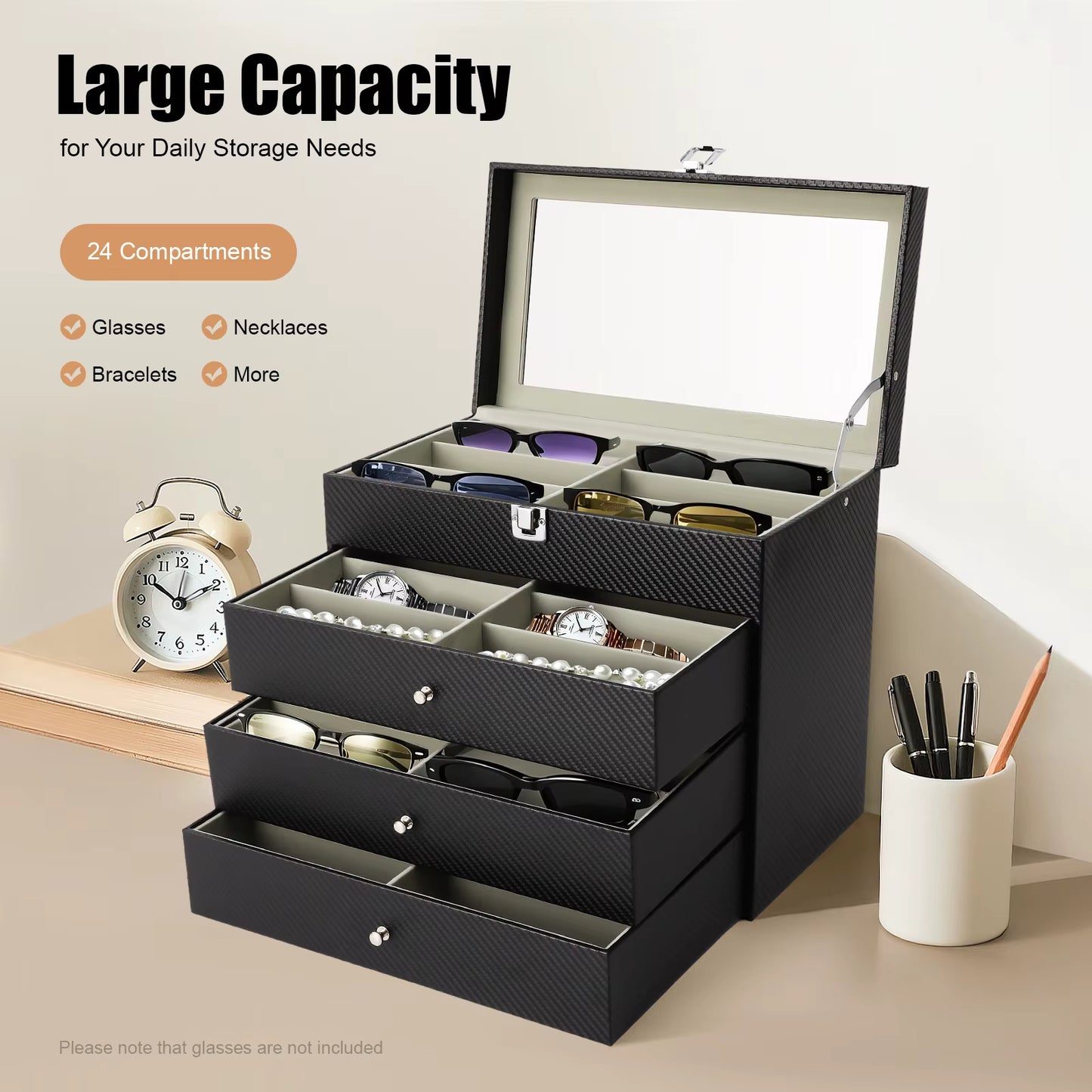 Vitrine lunettes 24 compartiments avec couvercle en verre