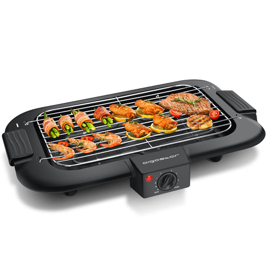 Grill électrique de table sans fumée, plaque barbecue intérieure antiadhésive avec bac récupérateur de graisse amovible, thermostat réglable, compatible lave-vaisselle