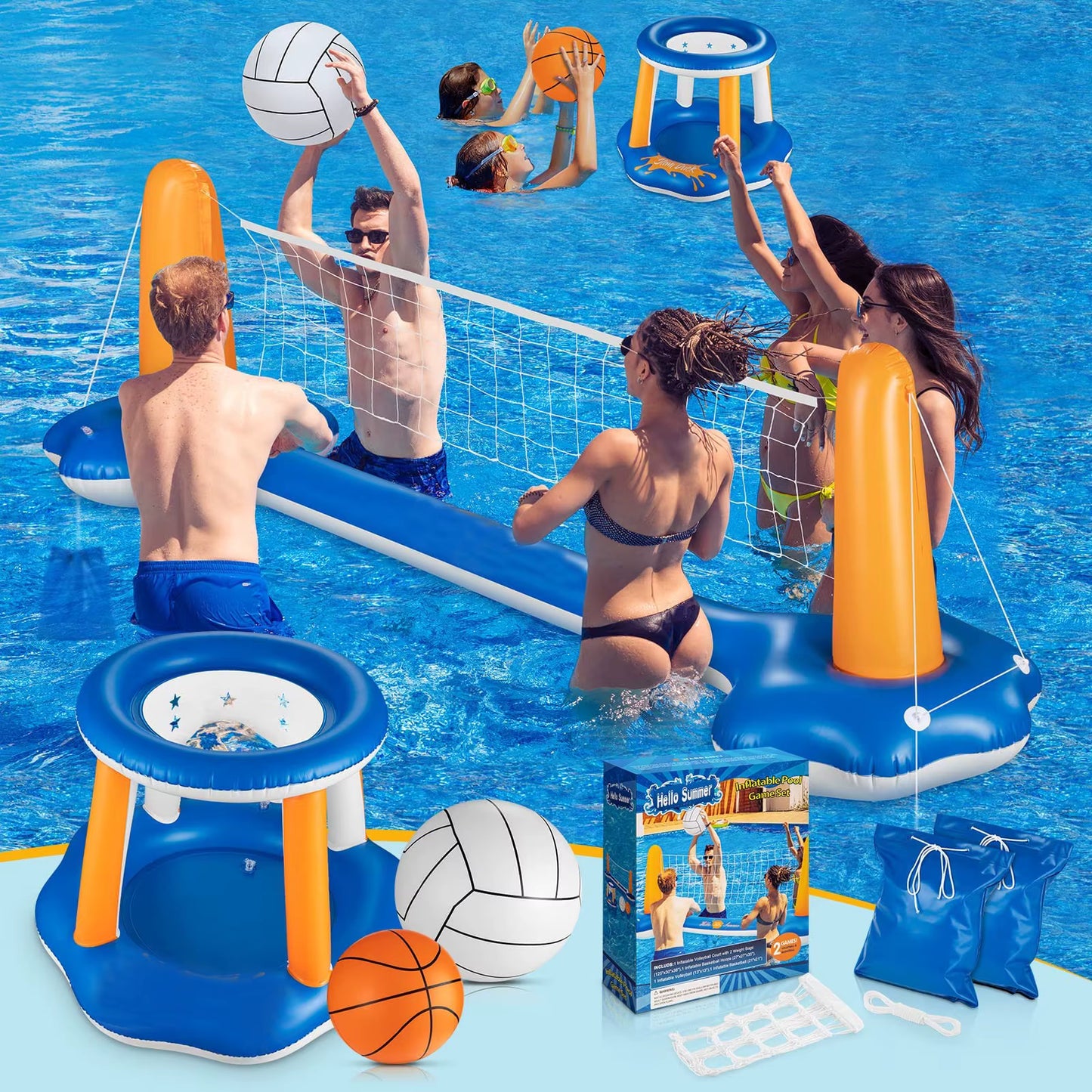 Jeu Gonflable Piscine 2 en 1 – Filet Volleyball + Panier Basket Aquatique | Adultes & Enfants