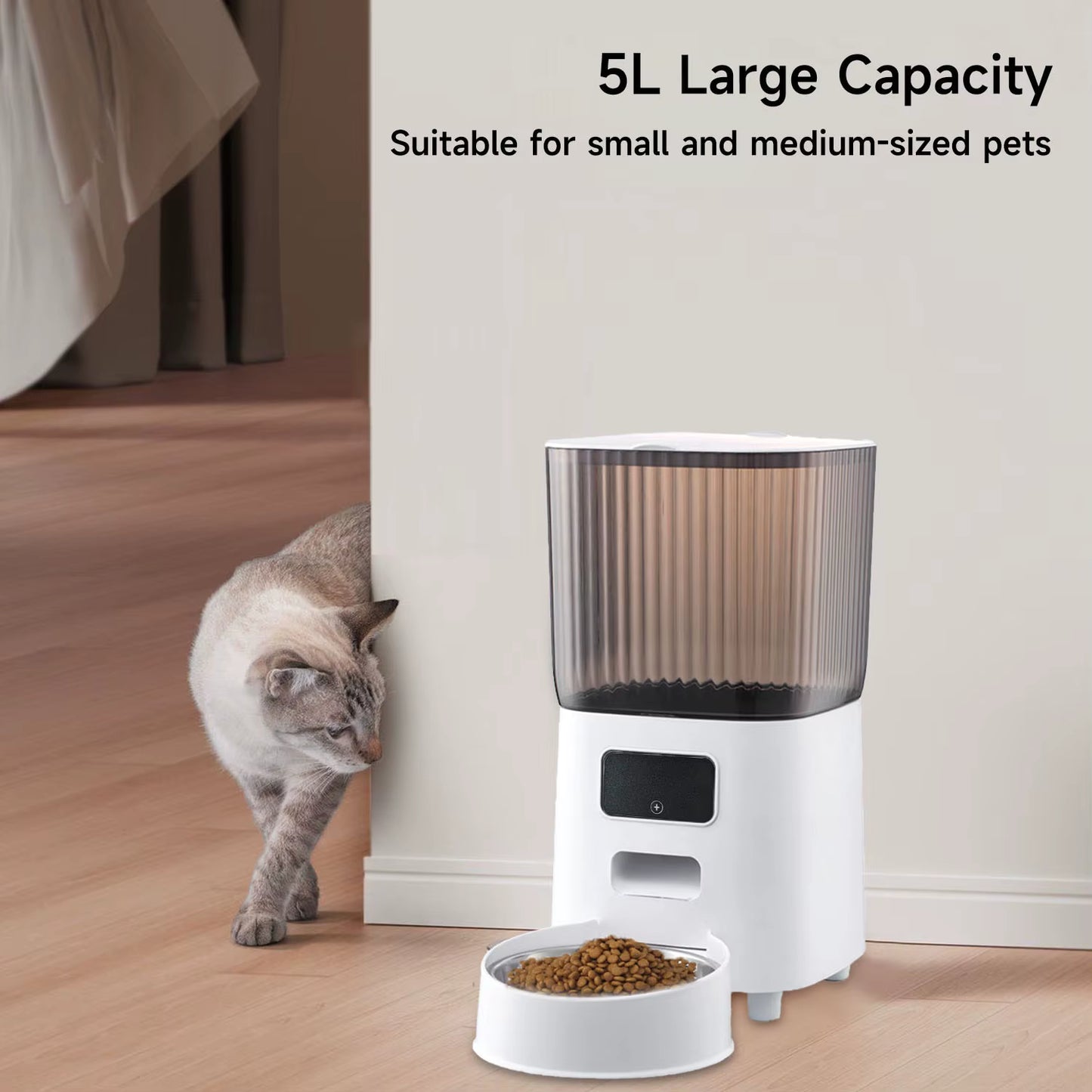 Mangeoire Automatique Connectée pour Chat et Chien 5L – Distributeur de Nourriture Intelligent WiFi avec Caméra – Acier Inoxydable