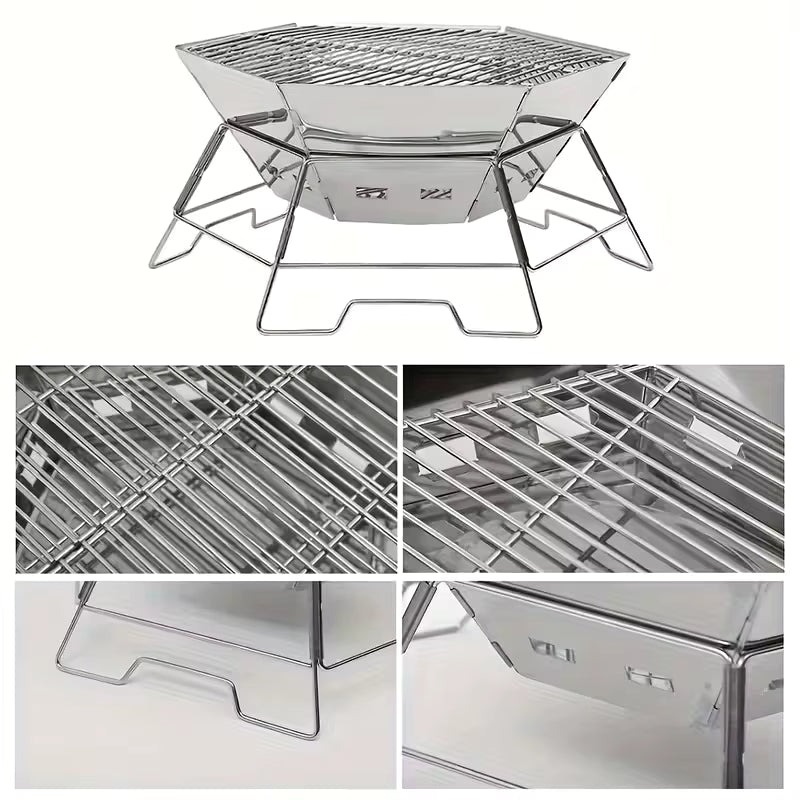 Barbecue Portable Pliable Acier Inoxydable – Grill Camping avec Grille de Cuisson – Brasero Extérieur Jardin, Pique-Nique, Randonnée