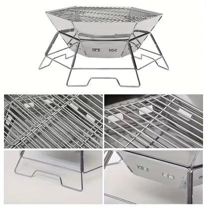 Barbecue Portable Pliable Acier Inoxydable – Grill Camping avec Grille de Cuisson – Brasero Extérieur Jardin, Pique-Nique, Randonnée