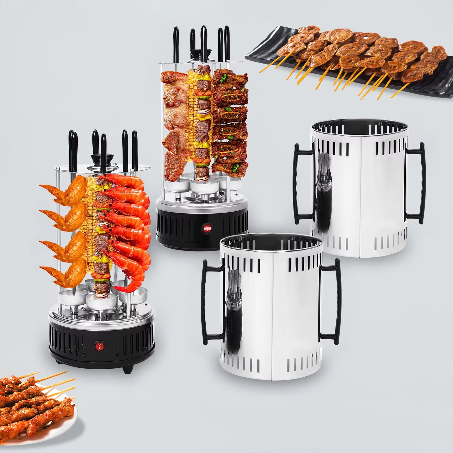 Grill électrique vertical 1000W – Rôtissoire verticale sans fumée – Machine à brochettes rotative 5 broches – Cuisson kebab viande légumes