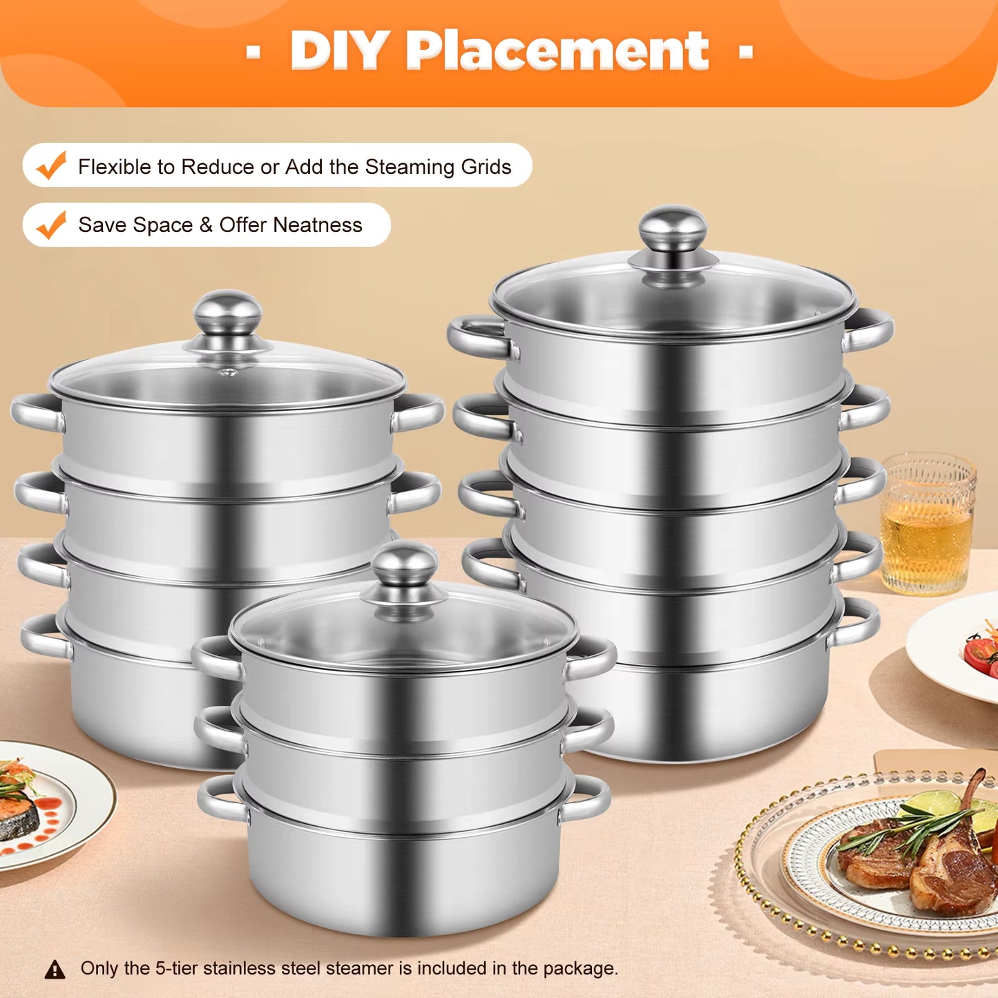 Cuiseur Vapeur Inox 5 Niveaux Ø24 cm – Panier Vapeur Empilable – Cuisine Saine Légumes Poisson Riz – Tous Feux