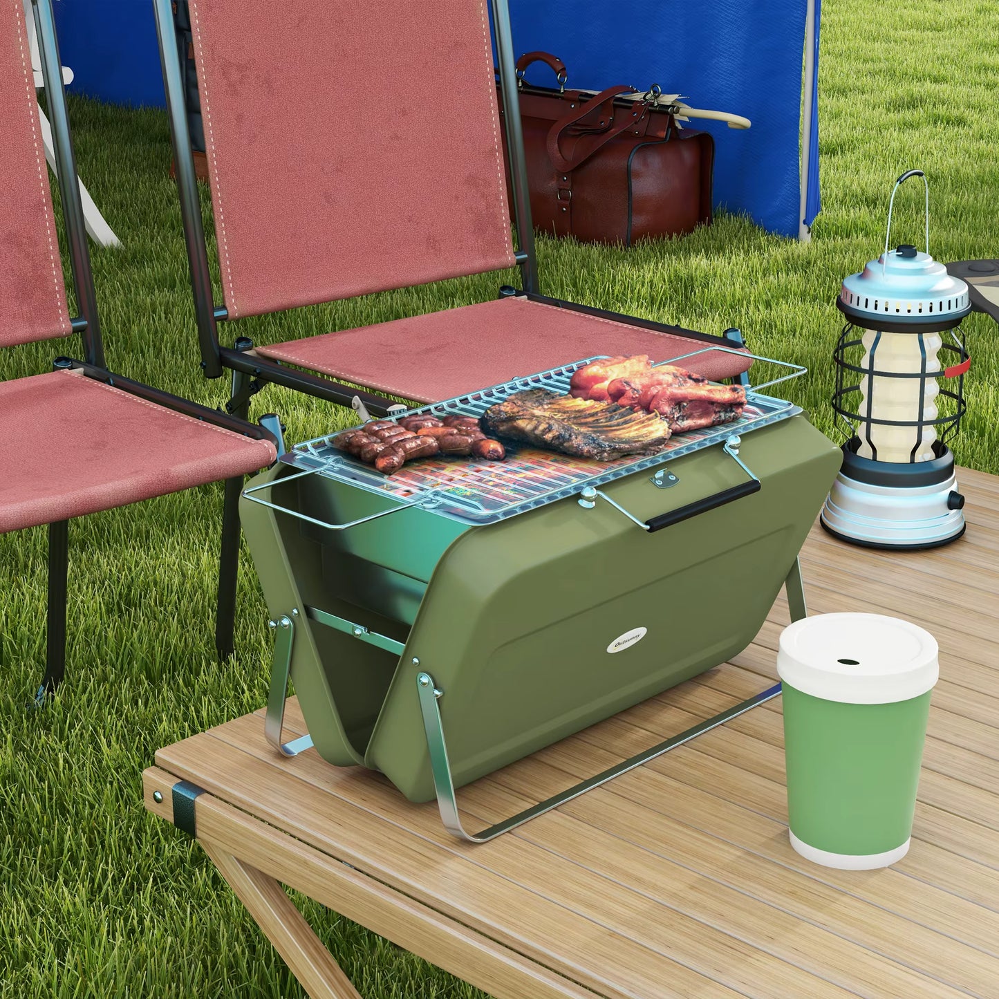 Barbecue à Charbon Portable Pliable – Grill Compact en Acier avec Poignée – Camping, Pique-Nique, Jardin, Terrasse – Vert