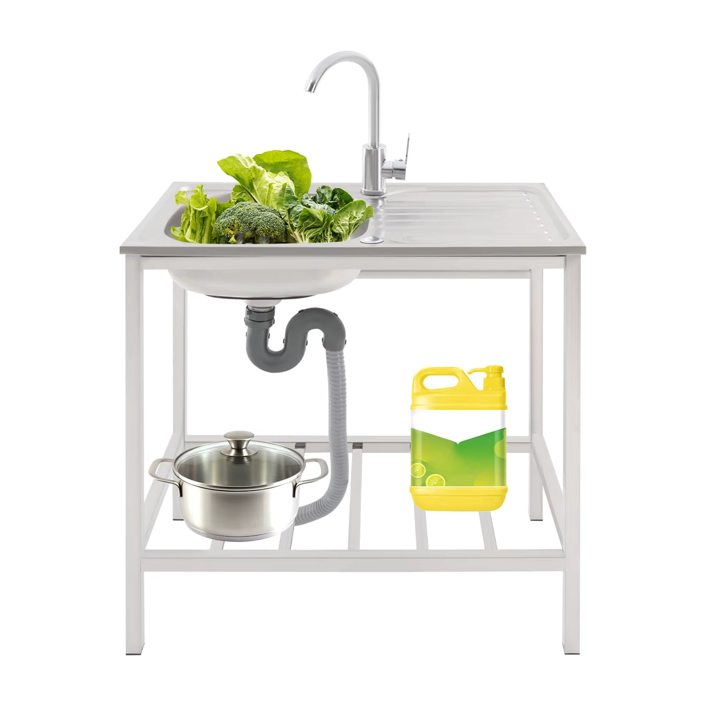 Évier de Cuisine Extérieur avec Support – Bac Inox 75x40x75 cm, Robinet 360°, Table de Travail avec Étagère, Évier Autonome pour Jardin, Camping ou Professionne