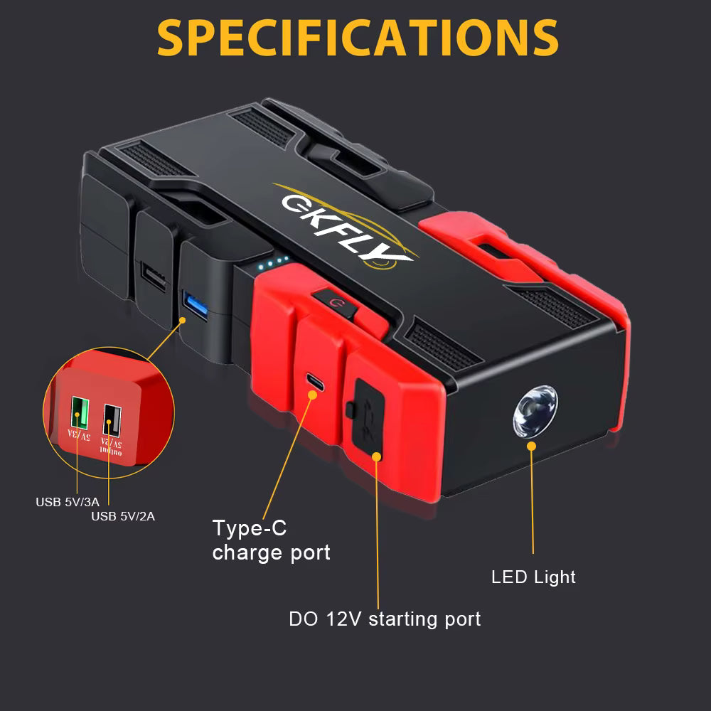 Démarreur de Voiture Portable 3000A 12V Booster Batterie Externe Power Bank avec Lampe LED et USB