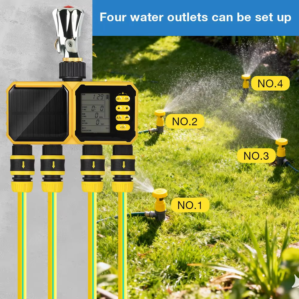 Système d’Irrigation Solaire Intelligent WiFi 4 Sorties avec Écran LCD – Programmateur d’Arrosage Automatique Jardin Extérieur Minuterie Connectée Étanche