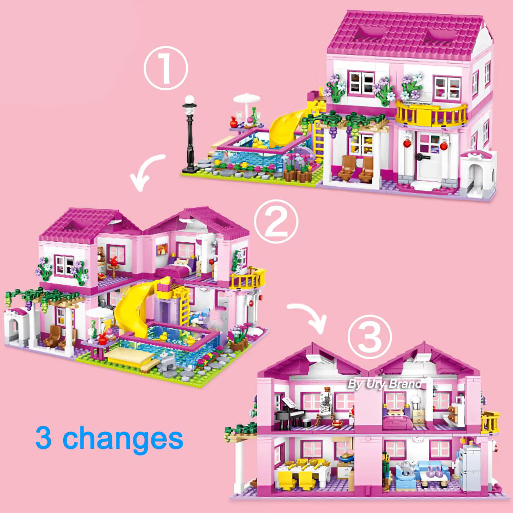Villa Maison de Vacances en Blocs de Construction 1018 Pièces – Jeu Créatif Enfant avec Piscine et Toboggan – Cadeau Fille
