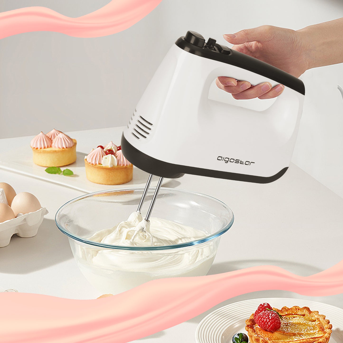 Batteur électrique 400W 6 vitesses + turbo, fouet pâtisserie avec 2 fouets et crochets pétrisseurs, mélangeur cuisine silencieux, support de rangement