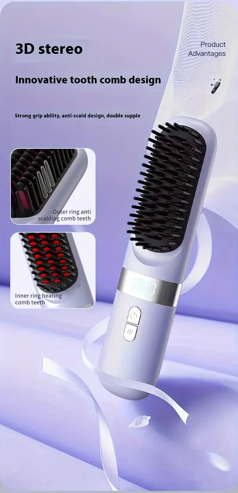 Brosse Lissante Électrique Sans Fil – Lisseur Cheveux Anti-Brûlure à Ions