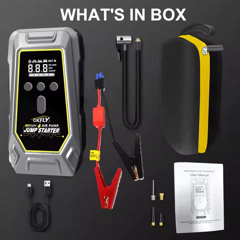 Démarreur de Batterie Portable 4000A avec Compresseur d’Air 150 PSI – Booster de Voiture 12V Rechargeable – Gonfleur Pneus Auto Moto – Écran LCD – Housse Incluse