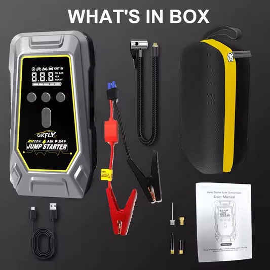 Démarreur de Batterie Portable 4000A avec Compresseur d’Air 150 PSI – Booster de Voiture 12V Rechargeable – Gonfleur Pneus Auto Moto – Écran LCD – Housse Incluse