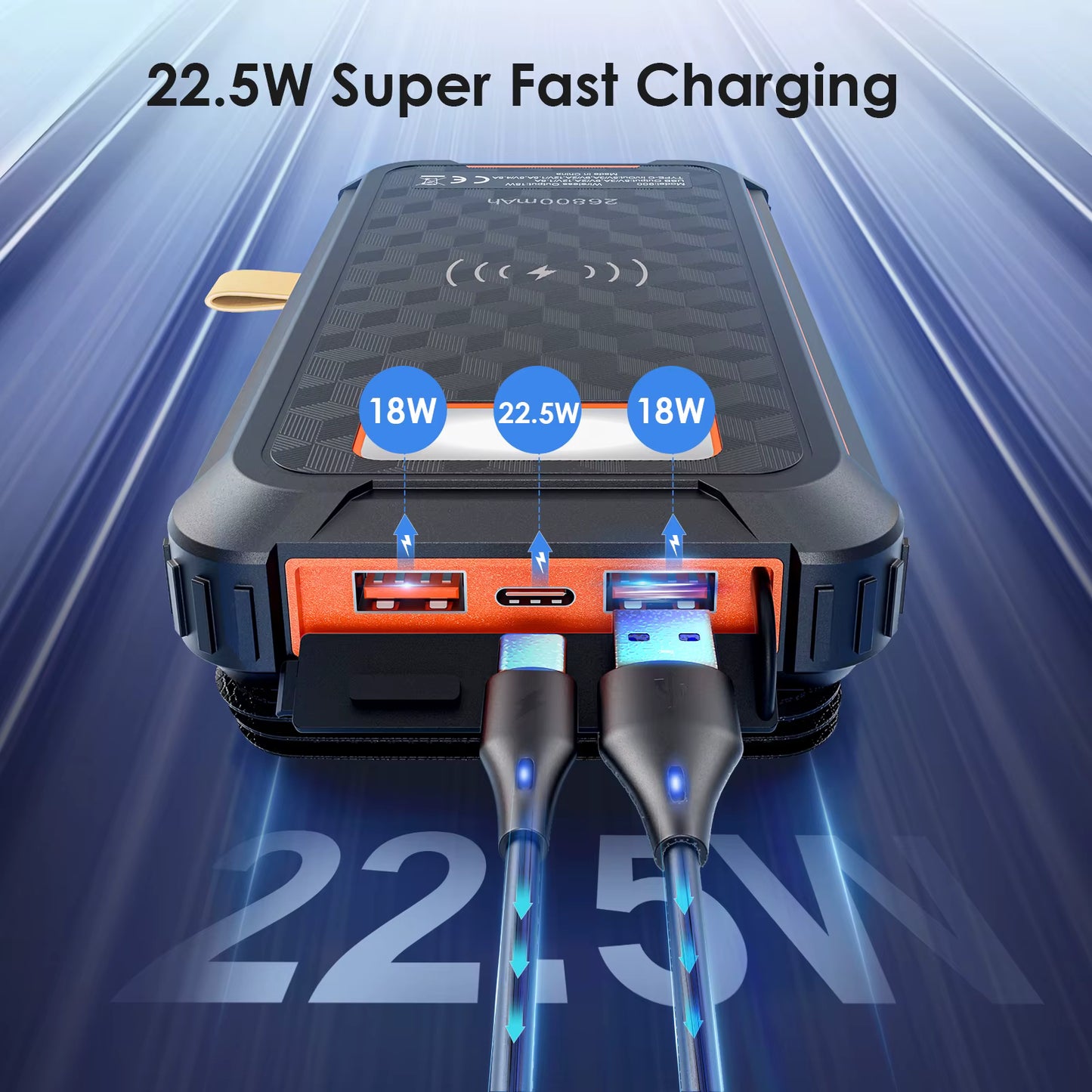 Batterie Externe Solaire 26800 mAh PD 22.5W – Chargeur Rapide QC 3.0 3 Sorties – 4 Panneaux Pliables Camping