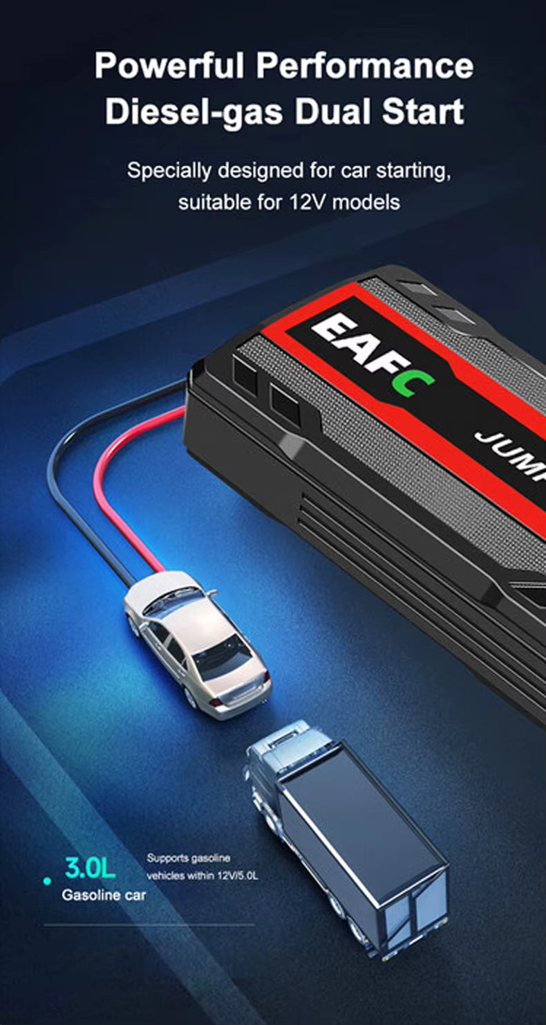 Démarreur de Batterie Voiture 600A 12V – Booster de Démarrage Portable avec Lumière LED – Couleur Noire