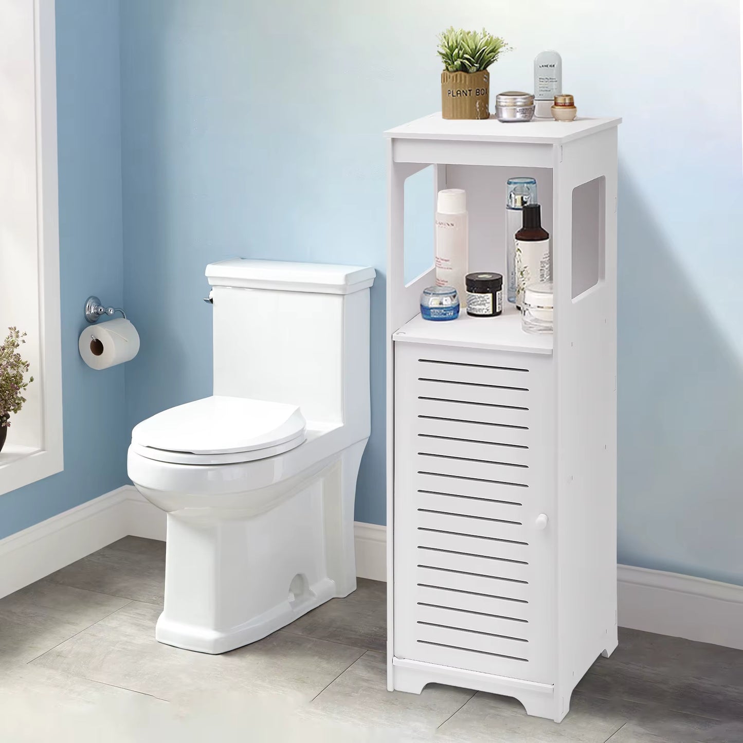 Armoire de Salle de Bain 4 Niveaux en PVC – Étagère de Rangement Étanche avec Porte Ventilée