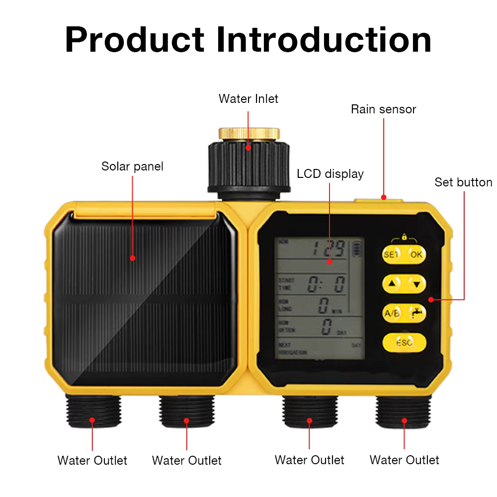 Système d’Irrigation Solaire Intelligent WiFi 4 Sorties avec Écran LCD – Programmateur d’Arrosage Automatique Jardin Extérieur Minuterie Connectée Étanche