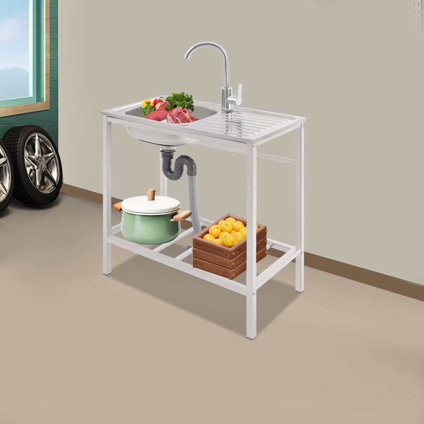 Évier de Cuisine Extérieur avec Support – Bac Inox 75x40x75 cm, Robinet 360°, Table de Travail avec Étagère, Évier Autonome pour Jardin, Camping ou Professionne